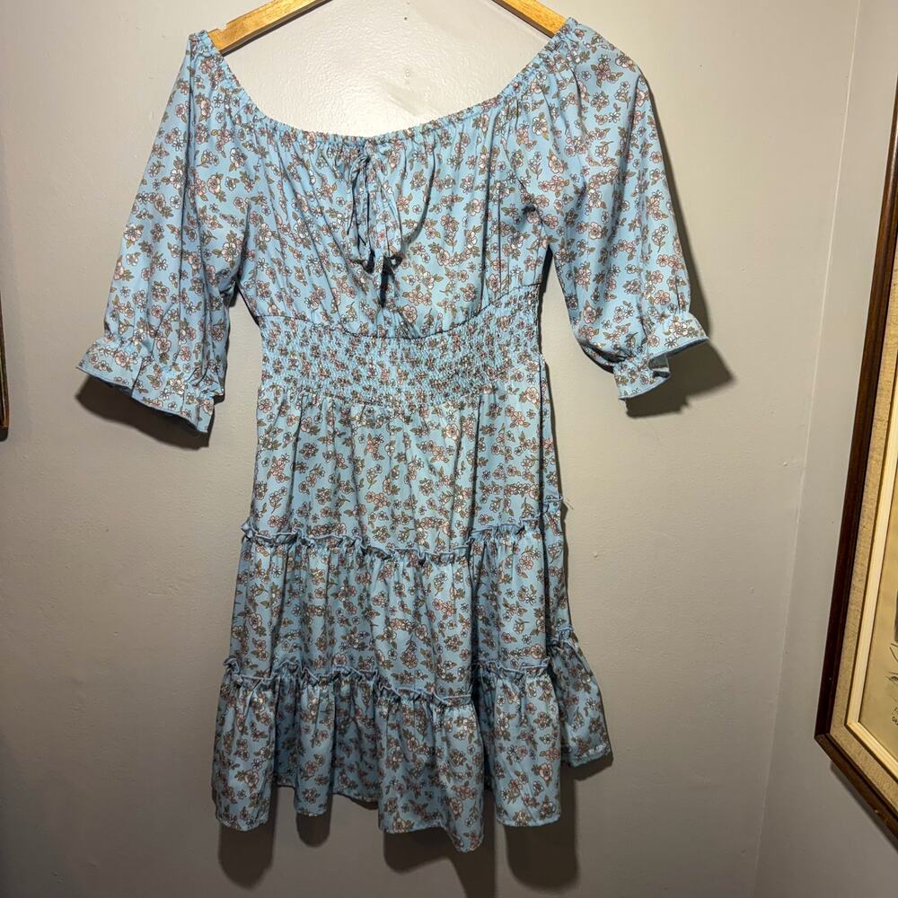 Blush Cottagecore Floral Mini Dress Blue Smocked Waist Boho Milkmaid Prairie M